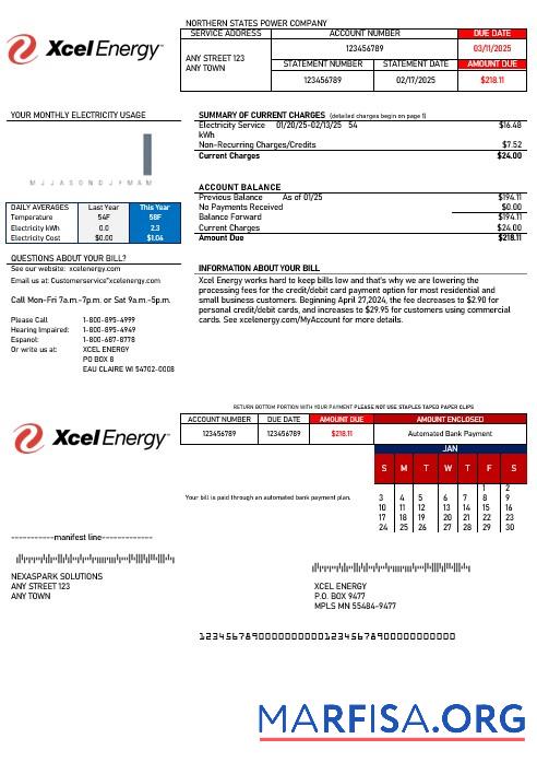 Премиум США Xcel Energy Бизнес Счёт за коммунальные услуги Счёт Word and PDF Шаблон