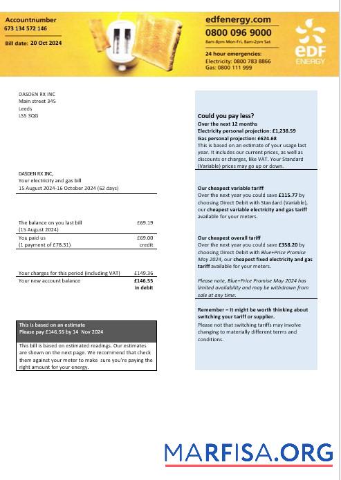 Великобритания EDF Energy Электричество and Газ Бизнес Счёт за коммунальные услуги Счёт Word and PDF Форматы, Версия 2 шаблон