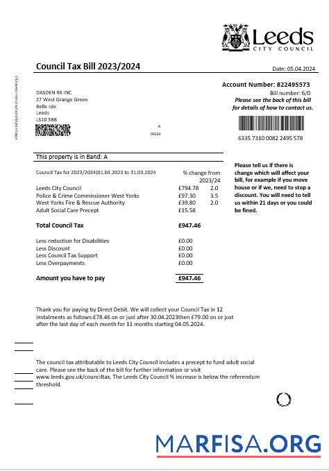 Профессиональный Великобритания Leeds City Council Налог Бизнес Счёт за коммунальные услуги Счёт Шаблон in Word and PDF Форматы