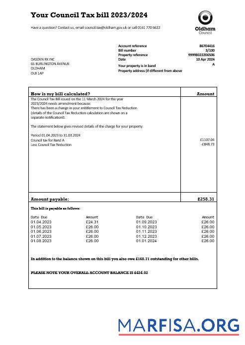 Реалистичный Великобритания Oldham council Налог Бизнес Счёт за коммунальные услуги Счёт Шаблон in Word and PDF Форматы