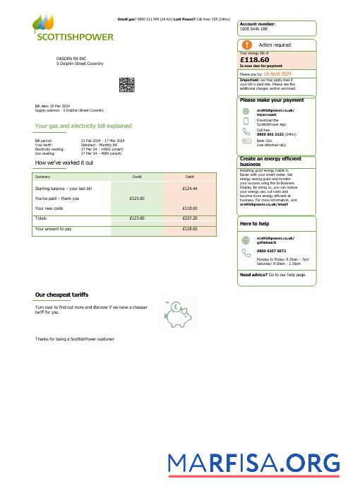 Профессиональный Великобритания Scottish Power Бизнес Счёт за коммунальные услуги Счёт Word and PDF Шаблон