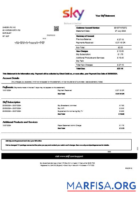 Профессиональный Великобритания Sky Бизнес Счёт за коммунальные услуги Счёт Выписка из банка Шаблон in Word and PDF Форматы