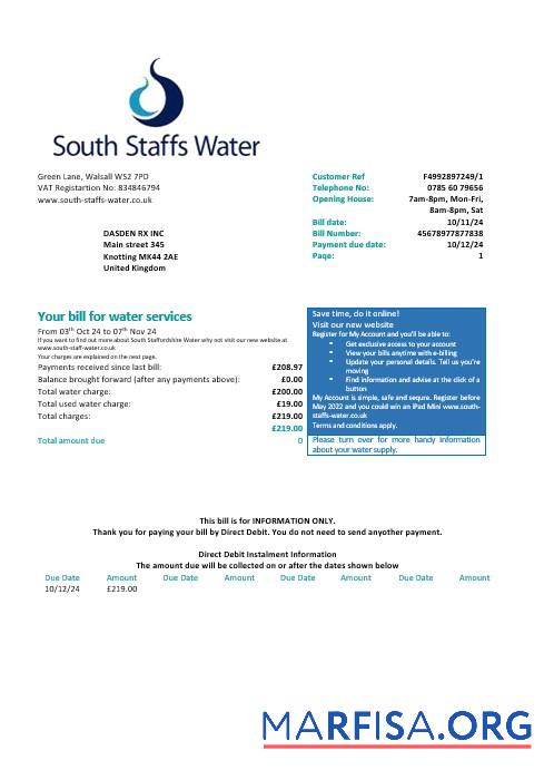 Великобритания South Staffs Вода Вода Бизнес Счёт за коммунальные услуги Счёт Word and PDF Форматы, Версия 2 шаблон