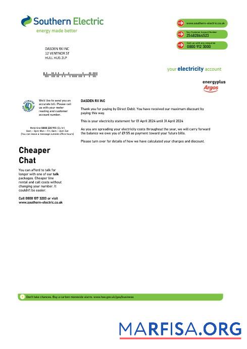 Премиум Великобритания Southern Electric proof of address Бизнес Счёт за коммунальные услуги Счёт Шаблон in Word and PDF Форматы