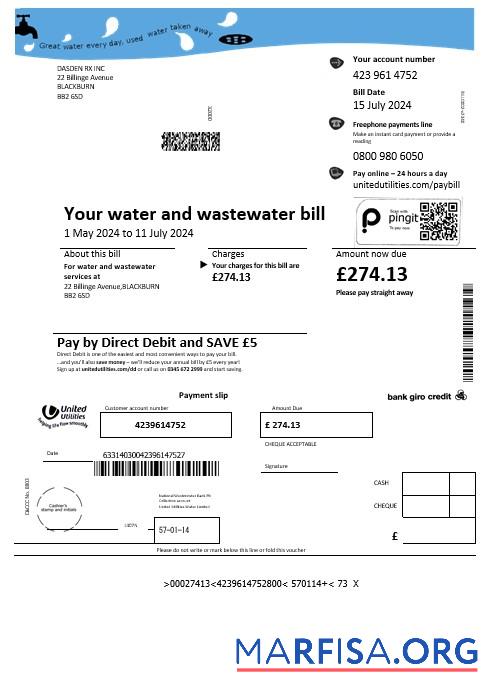 Реалистичный Великобритания United Utilities Вода Бизнес Счёт за коммунальные услуги Счёт Шаблон in Word and PDF Форматы