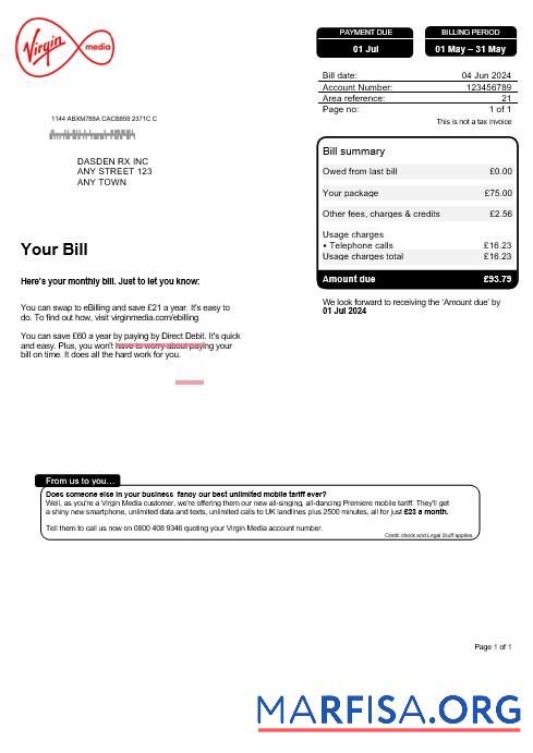 Высокое Качество Великобритания Virgin Media Бизнес Счёт за коммунальные услуги Счёт, Word and PDF Шаблон