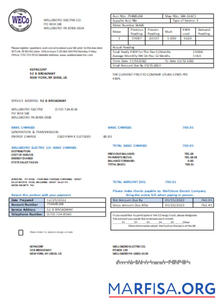 Wellsboro Electric Co Счёт за коммунальные услуги Бизнес Счёт, SCR дизайн