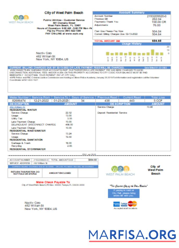 West Palm Beach Pub Utilities Счёт за коммунальные услуги Бизнес Счёт SCR макет