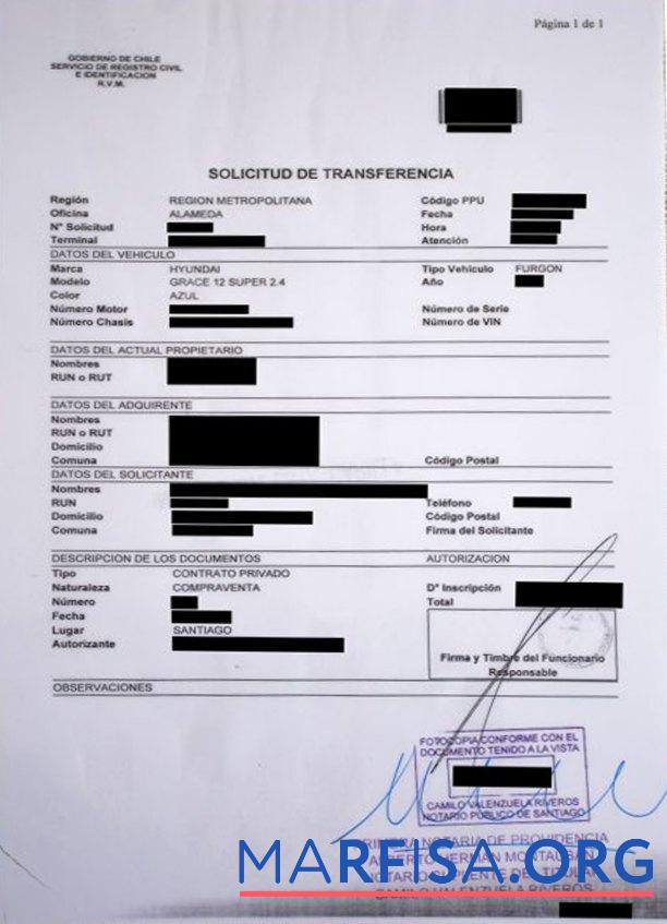 Чили vehicle Регистрация Сертификат образец