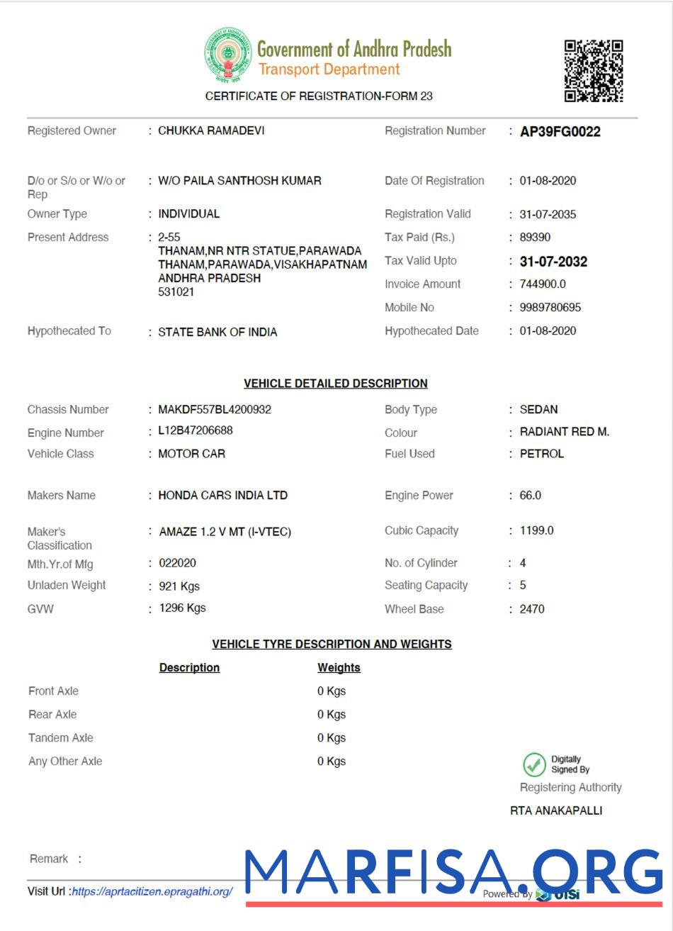 Индия Andhra Pradesh state vehicle Регистрация Сертификат дизайн