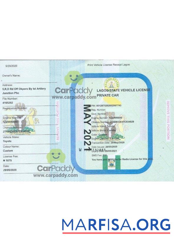 Lagos vehicle Регистрация Сертификат макет