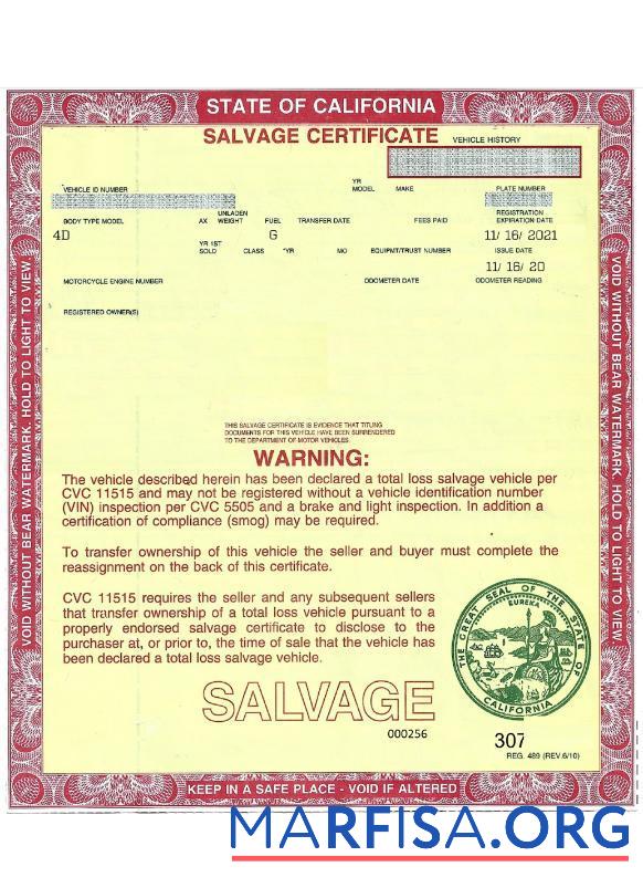 США California salvage Сертификат of a vehicle шаблон