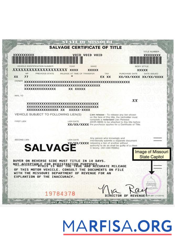США Missouri salvage Сертификат of title шаблон