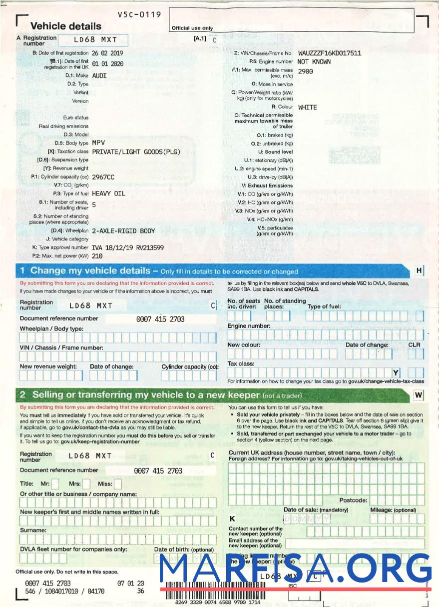 Великобритания driver,vehicle Регистрация certificate2 образец