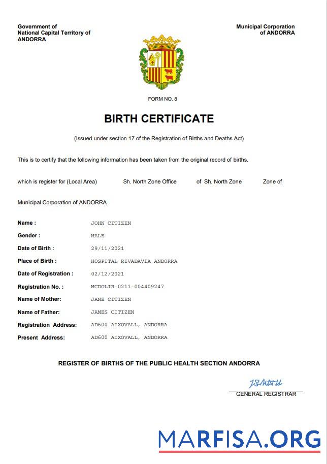 Professionell Andorra vital record Geburt Zertifikat Word and PDF Vorlage