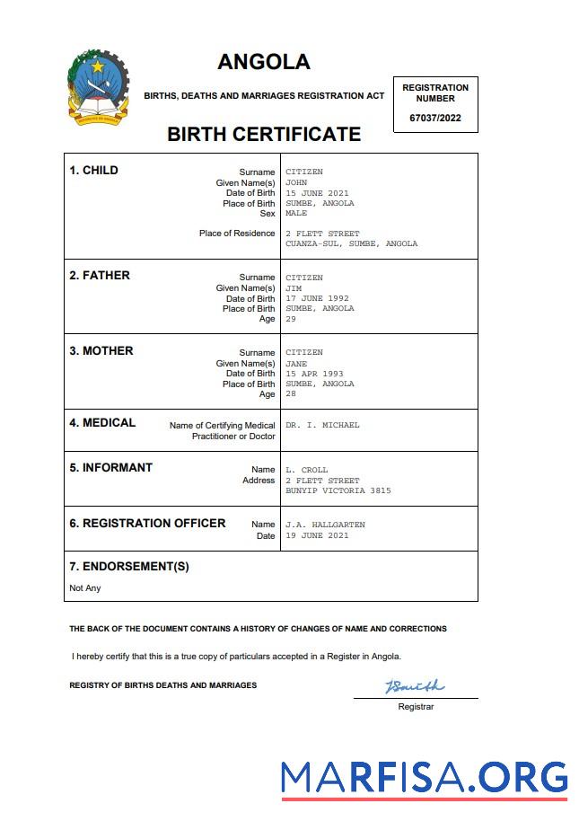 Premium Angola vital record Geburt Zertifikat Word and PDF Vorlage