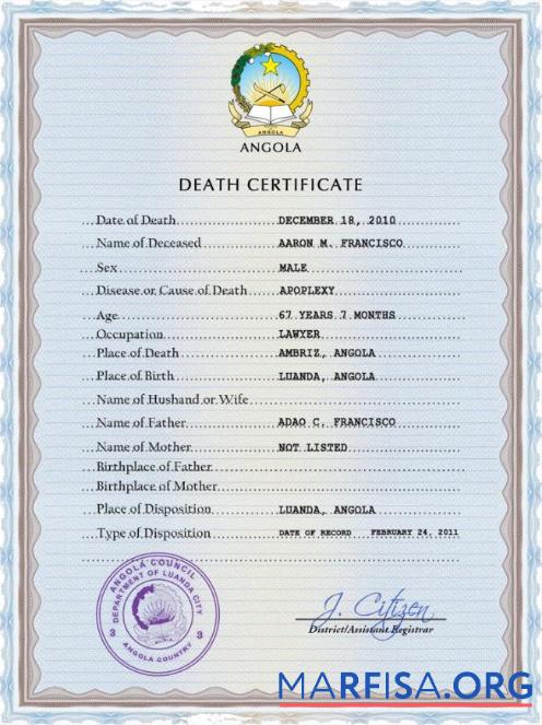 Bearbeitbar Angola vital record Tod Zertifikat PSD Vorlage