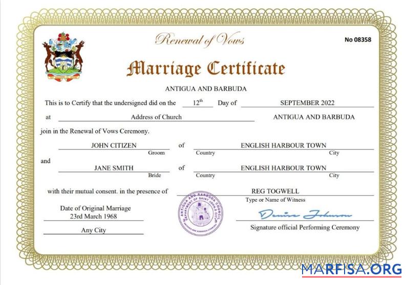 Realistisch Antigua und Barbuda Ehe Zertifikat Word and PDF Vorlage