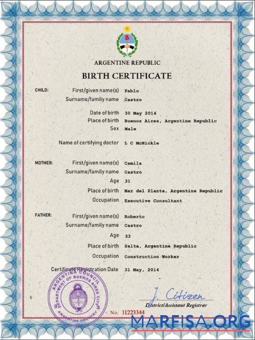 Bearbeitbar Argentinien vital record Geburt Zertifikat PSD Vorlage