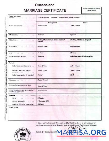 Australien Brisbane general registry Ehe Zertifikat Mockup