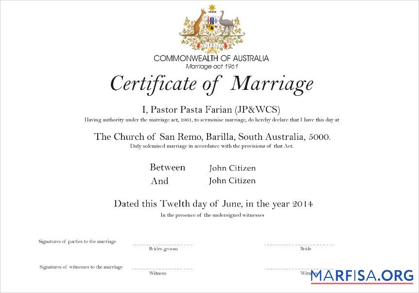 Australien Church of San Remo Ehe Zertifikat Design