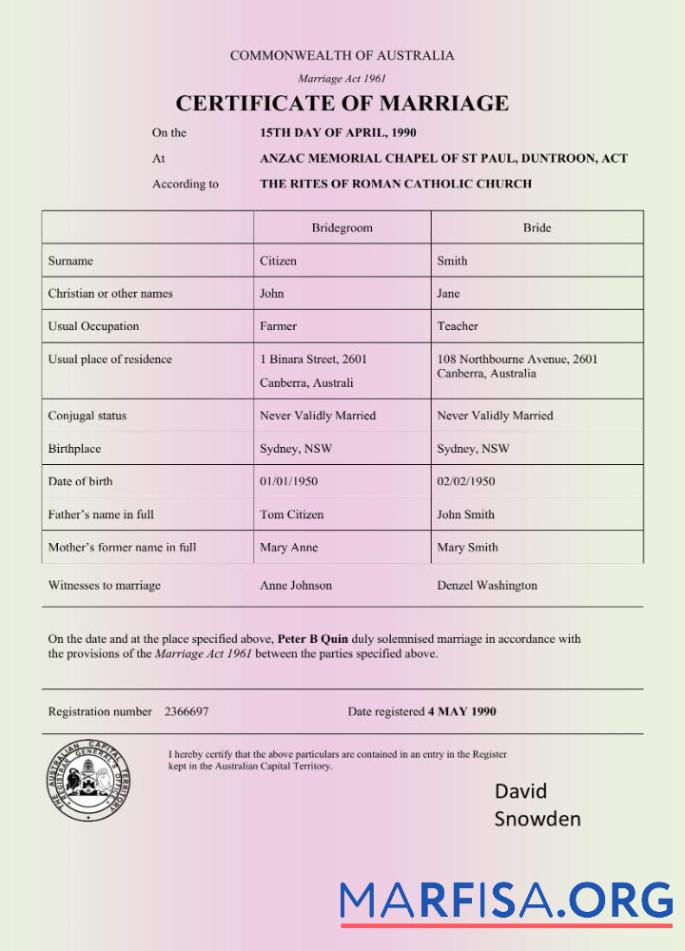 Australien Commonwealth of Australien Ehe Zertifikat Word and PDF Format Design