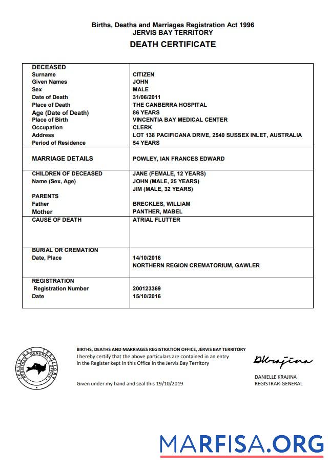 Hohe Qualität Australien Jervis Bay Territory Tod Zertifikat Vorlage in Word Format