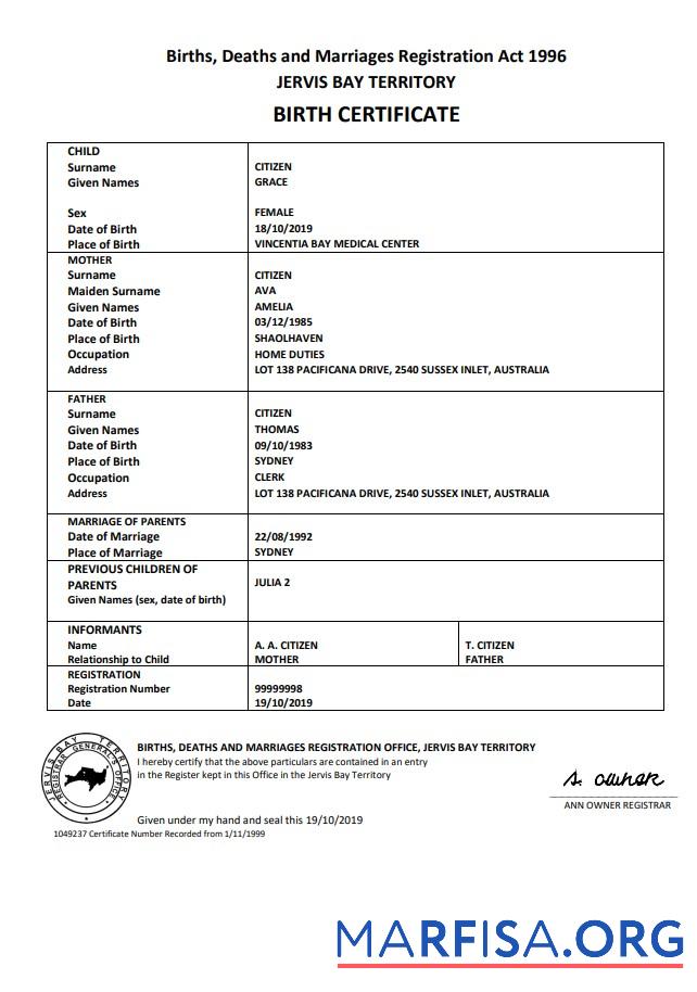 Professionell Australien Jervis Bay territory Geburt Zertifikat Vorlage in Word and PDF Format