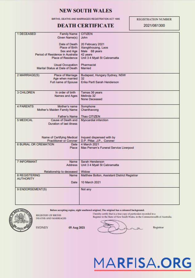 Realistisch Australien Neu South Wales Tod Zertifikat Vorlage in Word and PDF Format