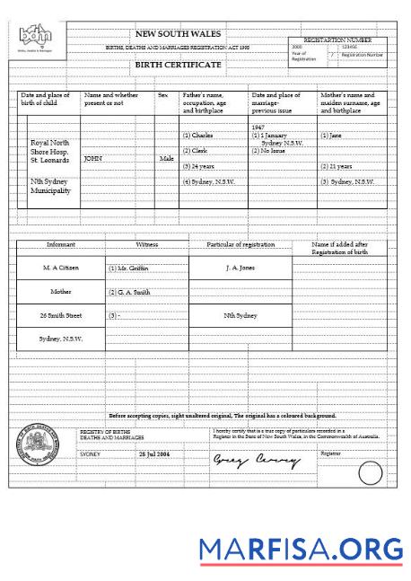 Hohe Qualität Australien Neu South Wales Geburt Zertifikat Vorlage in Word Format, Version 1