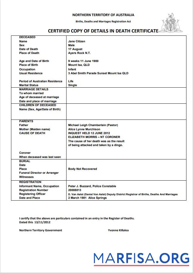 Hohe Qualität Australien Northern Territory of Australien Tod Zertifikat Vorlage in Word Format