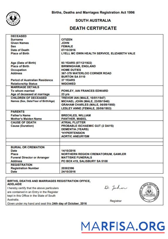 Premium Australien South Australien Tod Zertifikat Vorlage in Word Format