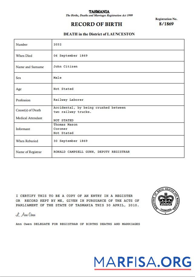 Hohe Qualität Australien Tasmania Tod Zertifikat Vorlage in Word