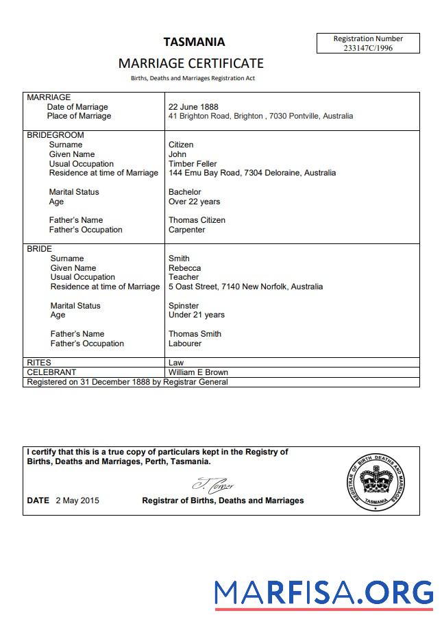 Professionell Australien Tasmania Ehe Zertifikat Vorlage in Word