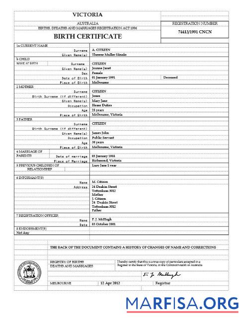 Professionell Australien Victoria Geburt Zertifikat Vorlage in Word Format, Version 2