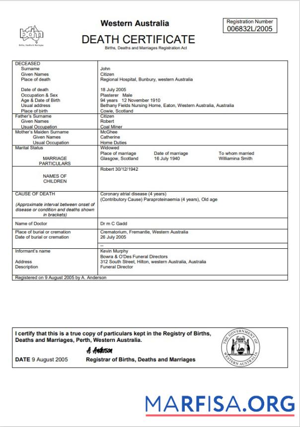 Premium Australien Western Australien Tod Zertifikat Vorlage in Word