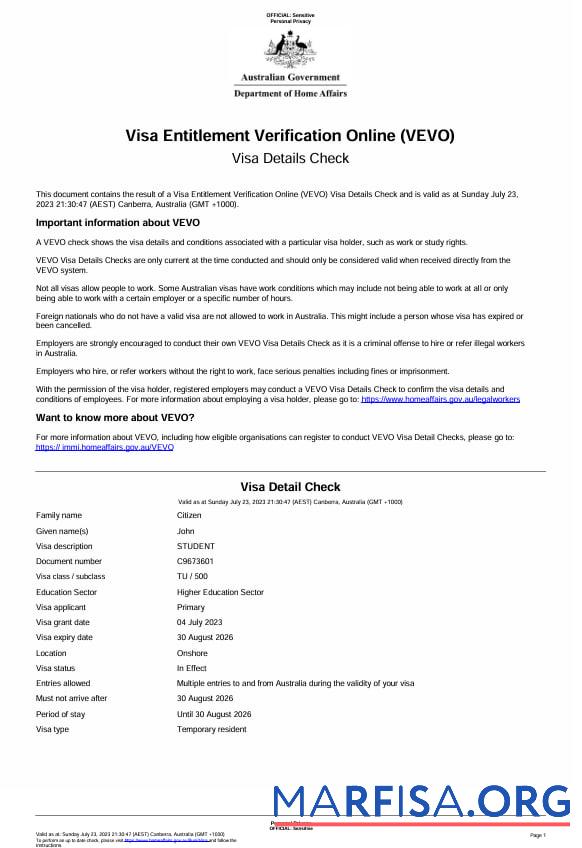 Australien Visum entitlement Verifizierung online (VEVO) Zertifikat 1 (1) Vorschau