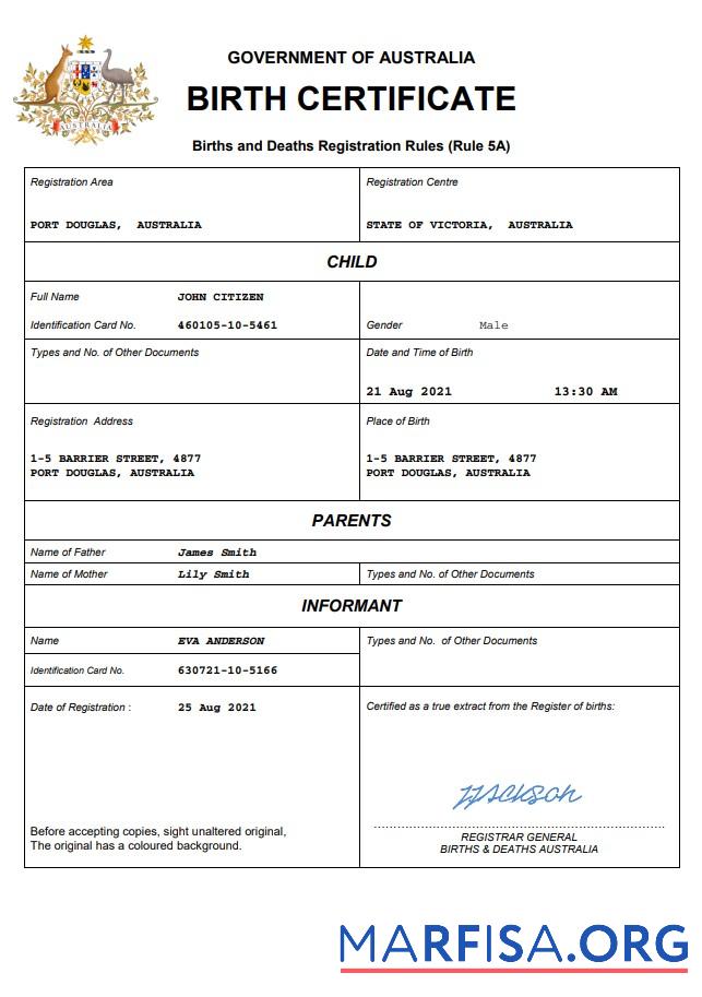 Bearbeitbar Australien vital record Geburt Zertifikat Word and PDF Vorlage