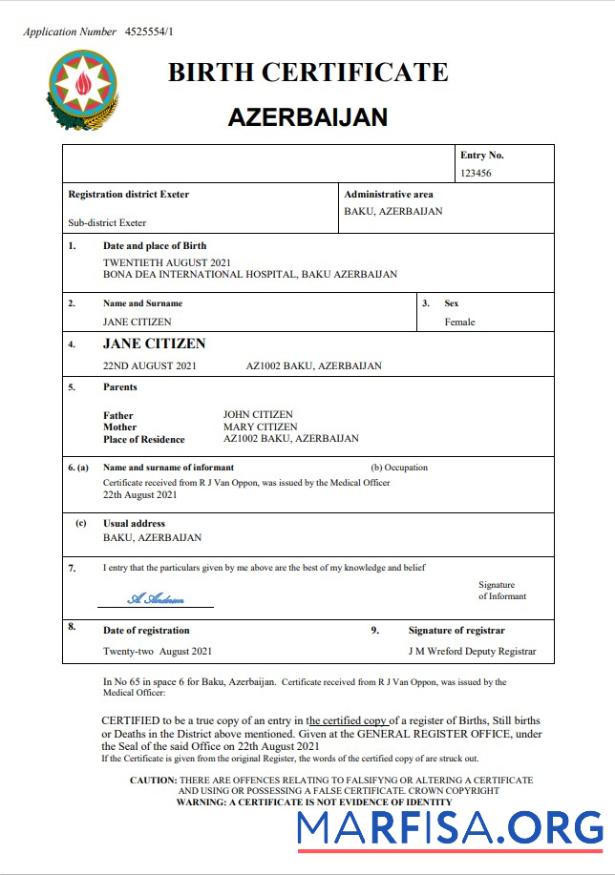 Bearbeitbar Aserbaidschan vital record Geburt Zertifikat Word and PDF Vorlage