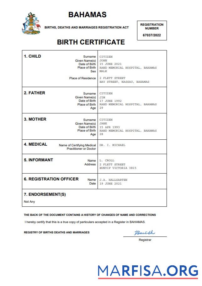 Realistisch Bahamas vital record Geburt Zertifikat Word and PDF Vorlage