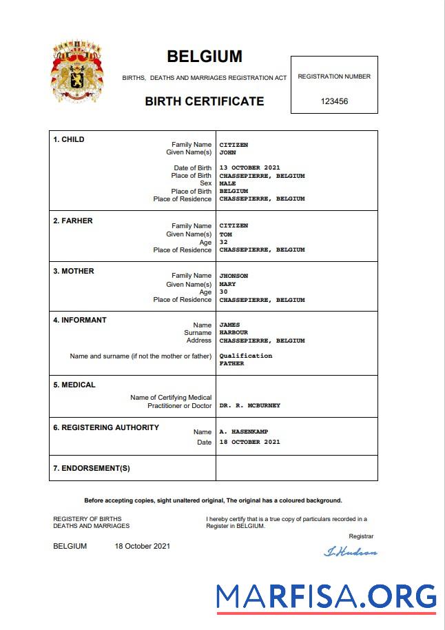 Belgien vital record Geburt Zertifikat Word and PDF Vorschau