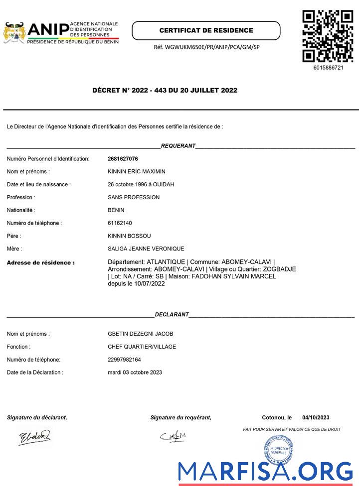 Benin ANIP Agence Nationale dΓÇÖIdentifikation des Personnes Wohnsitz certificat Vorlage