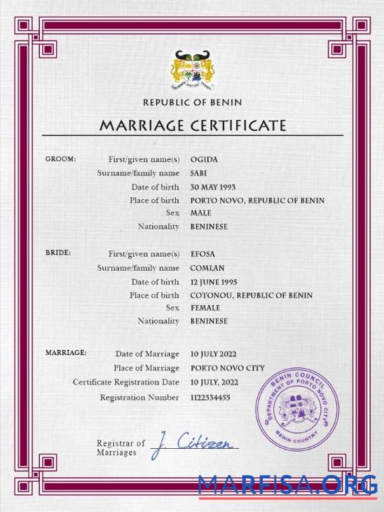 Bearbeitbar Benin Ehe Zertifikat PSD Vorlage