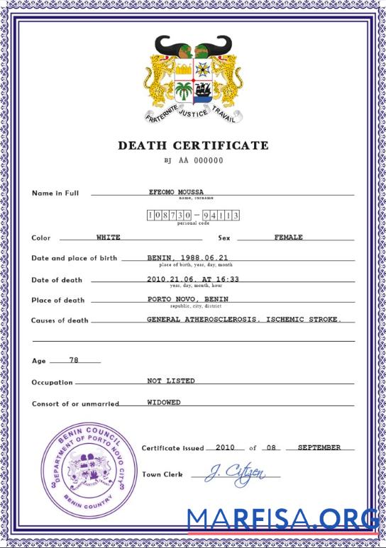 Professionell Benin vital record Tod Zertifikat PSD Vorlage