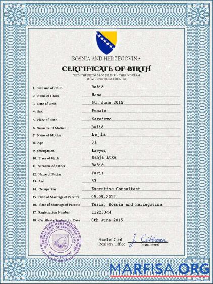 Bearbeitbar Bosnien und Herzegowina Geburt Zertifikat PSD Vorlage