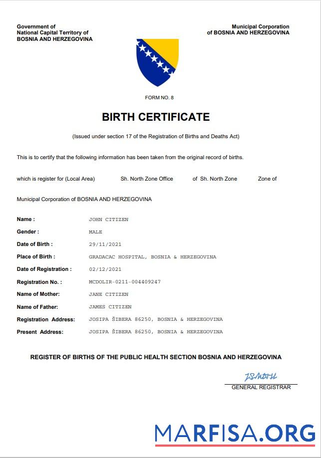 Professionell Bosnien und Herzegowina vital record Geburt Zertifikat Word and PDF Vorlage