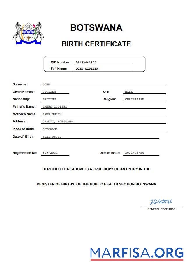 Realistisch Botswana Geburt Zertifikat Word and PDF Vorlage