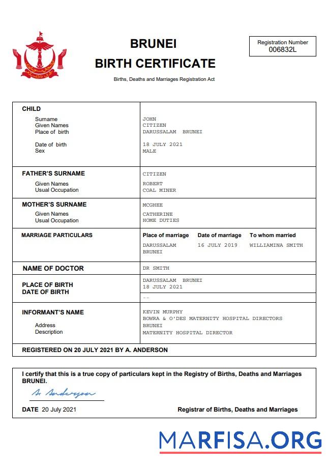 Premium Brunei vital record Geburt Zertifikat Word and PDF Vorlage