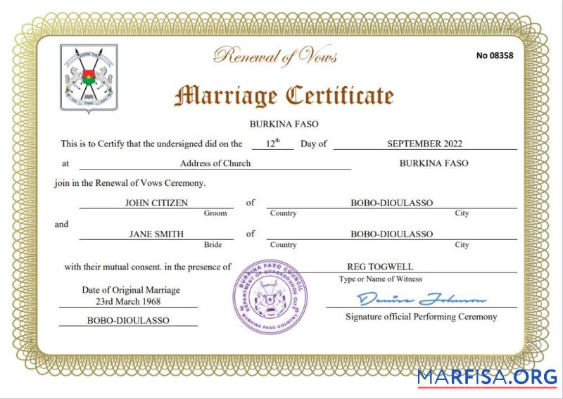 Bearbeitbar Burkina Faso Ehe Zertifikat Word and PDF Vorlage