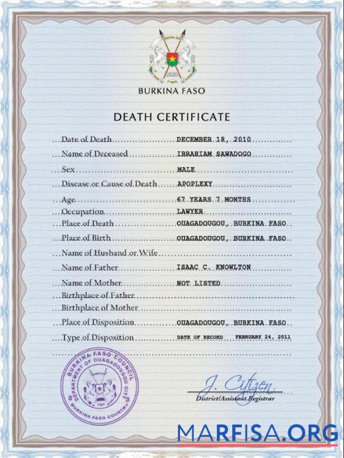 Premium Burkina Faso vital record Tod Zertifikat PSD Vorlage